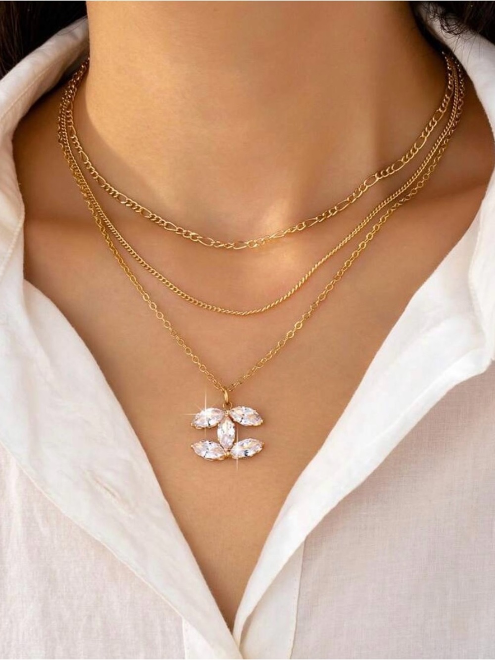 Gold Layered Necklace with Crystal Pendant